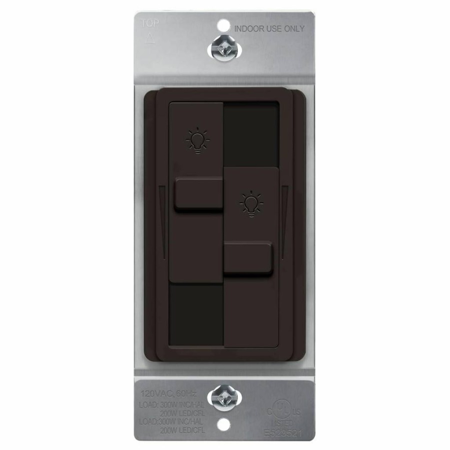 TOPGREENER Kalide Dual Load Dimmer Switch for LED/CFL, No Neutral Wire Required, Single Pole 120V, 200W Capacity, Full Range Dimming, Brown (TGDDS-BR)