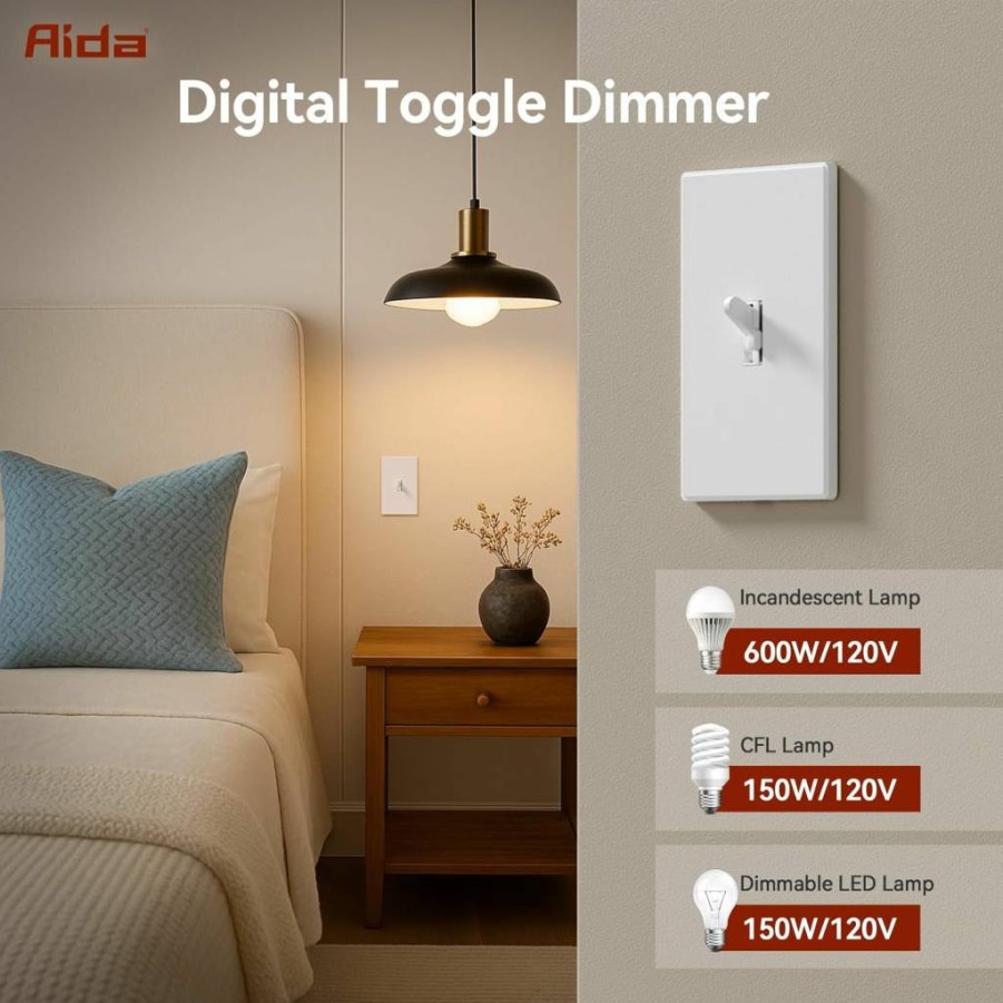 AIDA Digital Toggle Dimmer Switch - No Neutral Wire Required, Compatible with LED/CFL/Incandescent Bulbs, Single Pole/3-Way, Screwless Matte White Wall Plate Included, UL Listed (1 Pack)