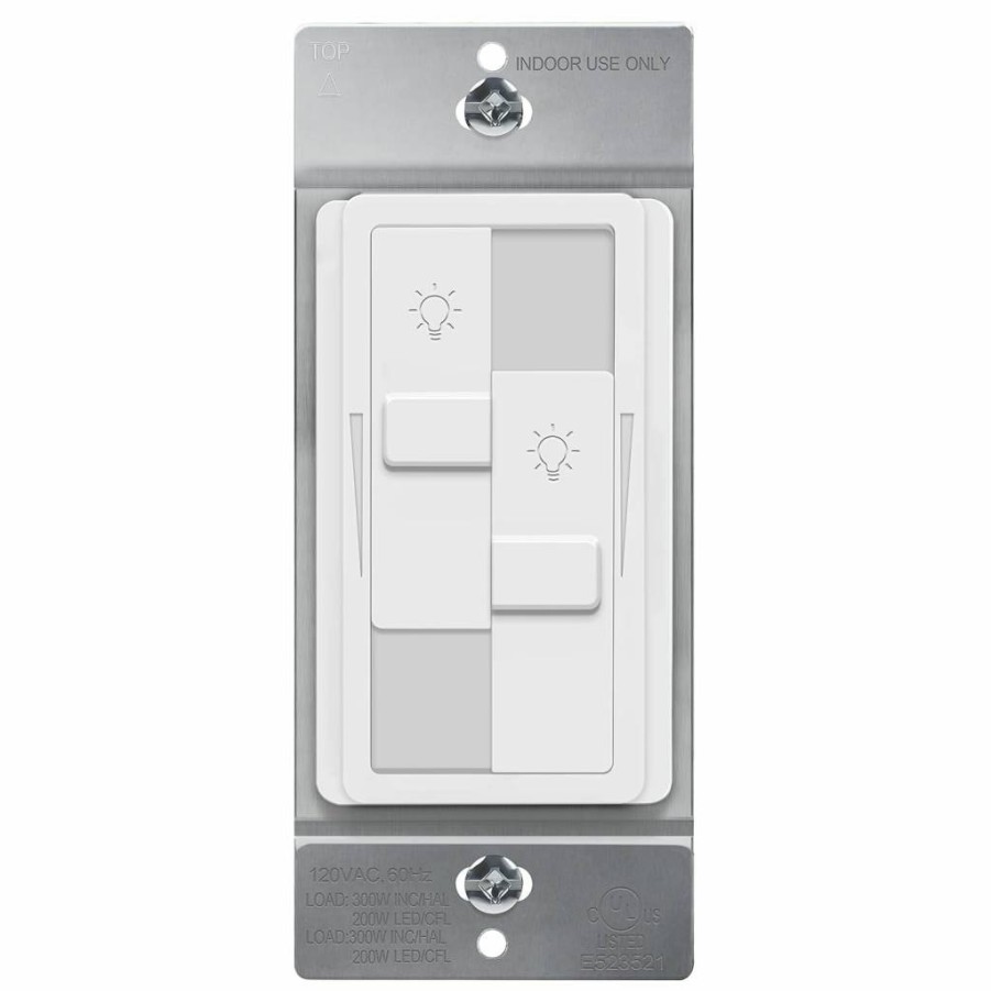 TOPGREENER TGDDS-W-2PCS Dual Load Dimmer Switch for LED/CFL Lights, No Neutral Wire Required, Single Pole, 120V 200W, Full Range Dimming, Includes Wall Plate, White (2-Pack)