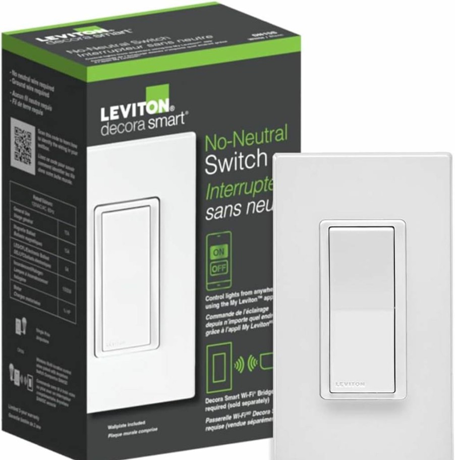 Leviton Decora Smart Wi-Fi Switch DN15S-1RW - No Neutral Required, Works with Alexa, Google Assistant, Apple HomeKit, 3-Way Compatible, White
