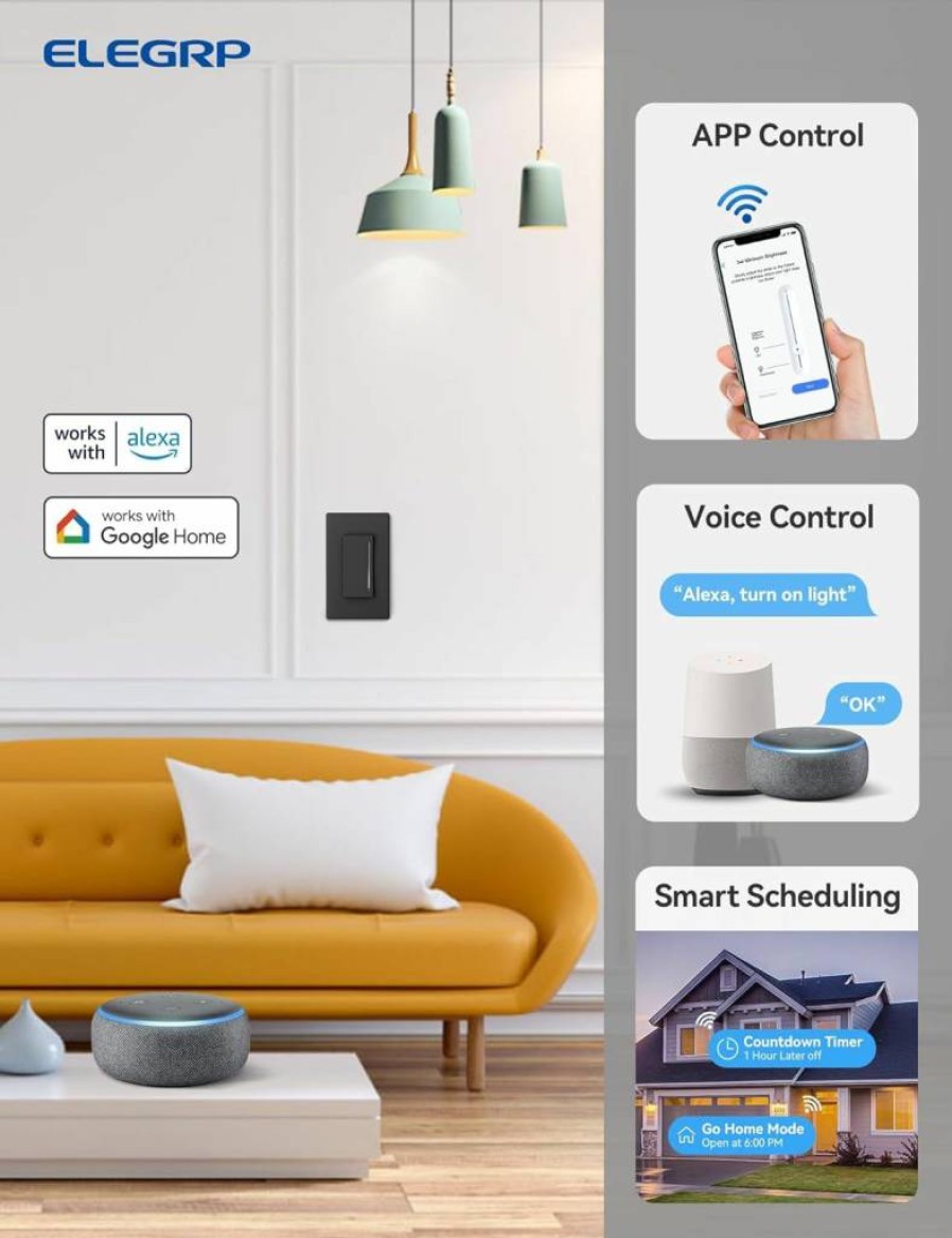 ELEGRP Smart Dimmer Switch 2-Pack, WiFi 2.4GHz Touch Light Switch Compatible with Alexa & Google Home, Single Pole Installation, Neutral Wire Required, No Hub Needed, UL FCC Certified, White