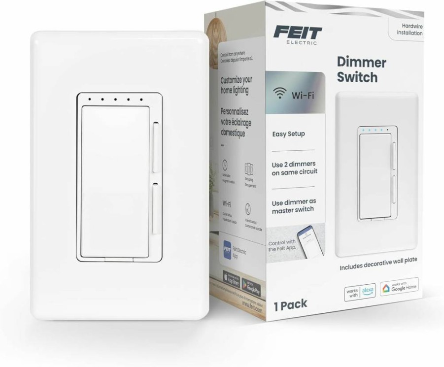 Feit Electric Smart Dimmer Switch with WiFi, Works with Alexa & Google Assistant, Requires Neutral Wire, White (Model: Dim/Wifi) - Easy Installation Light Switch