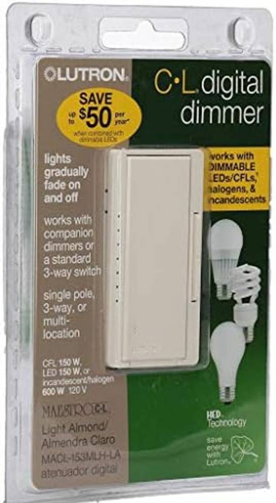 Lutron Maestro MACL-153MLH-LA Dimmer Switch 3-Way/4-Way Compatible 150W Light Almond for Indoor Lighting