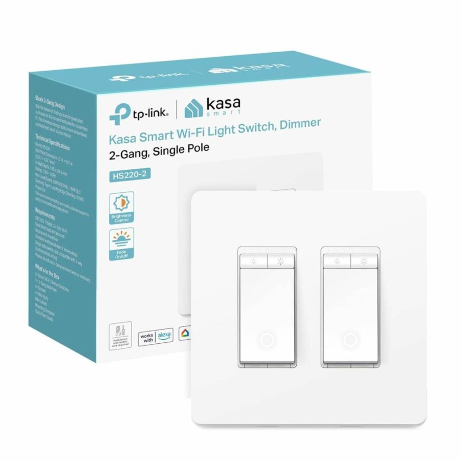 Kasa Smart HS220-2 Wi-Fi Dimmer Switch 2-Gang, Neutral Wire Required, Works with Alexa & Google Home, UL Certified, No Hub Needed, White