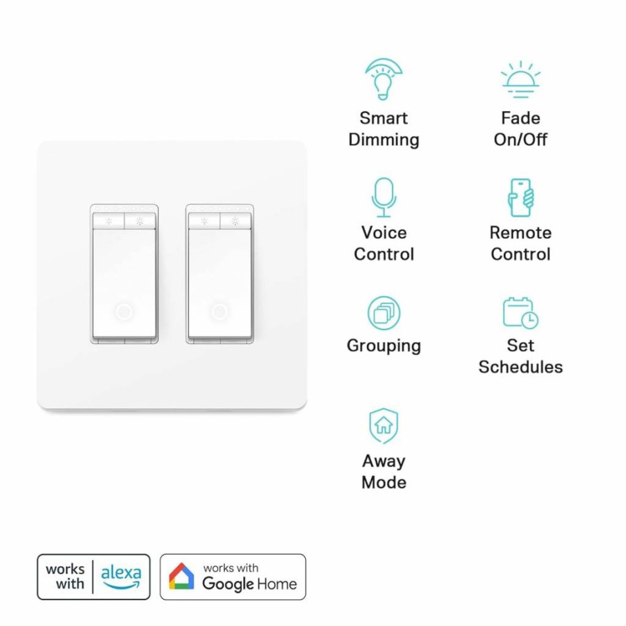 Kasa Smart HS220-2 Wi-Fi Dimmer Switch 2-Gang, Neutral Wire Required, Works with Alexa & Google Home, UL Certified, No Hub Needed, White