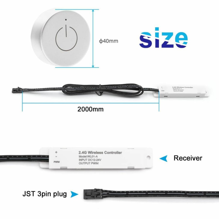 VST 12V/24V Wireless LED Dimmer Kit with WiFi 2.4G & Touch Control for Cabinet, Closet, Wardrobe Lighting - Surface Mount JST Controller