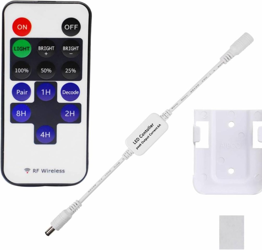 AIBOO Wireless RF Remote Control for Single Color LED Strip Lights, 12V DC Dimmable LED Ribbon, Neon Signs, and Under Cabinet Puck Lights (3528/5050)