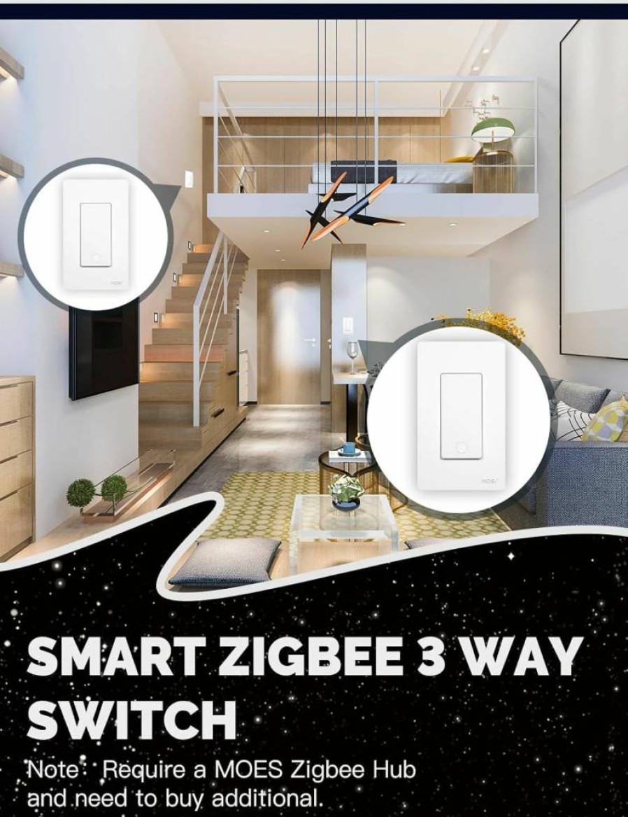 MOES Zigbee 3-Way Smart Light Switch 2 Gang, Neutral Wire Required, Works with Alexa & Google Home, Remote Control Wall Switch
