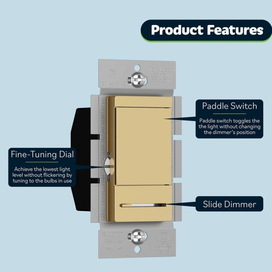 TOPGREENER Gold Dimmer Switch for LED & Incandescent Lights, Single Pole/3-Way, 150W LED/600W Halogen, 120V 60Hz, UL Listed (Model TGDMDS-120-GD)