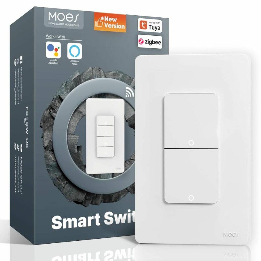 MOES Zigbee Smart Light Switch 2 Gang No Neutral Wire Required, Works with Alexa Google Assistant Tuya Smart Life, 2nd Gen Zigbee Hub Compatible Double Switch