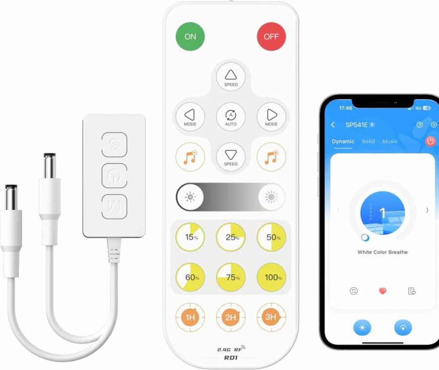 MIWISE Smart LED Dimmer with WiFi & Bluetooth, Alexa/Google Compatible, RF Remote Control, 5V/12V/24V Dual Output for Single Color LED Strips, Timer and Memory Function
