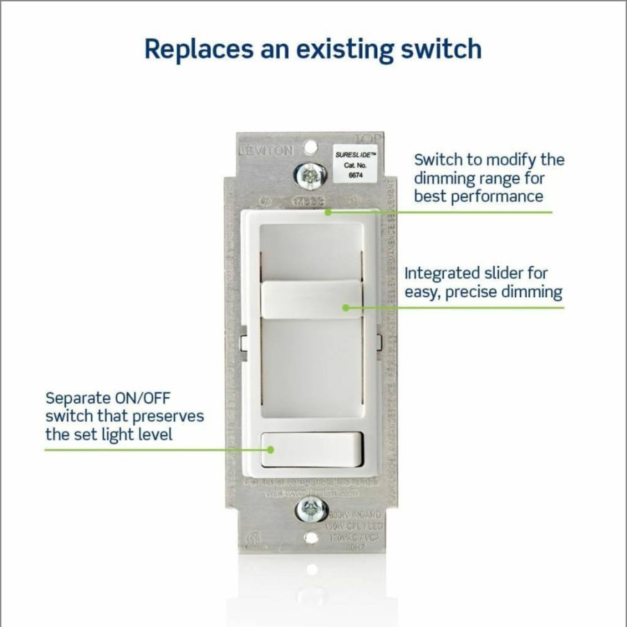 Leviton 6674-P0W Sureslide Dimmer Switch - Compatible with LED, Halogen & Incandescent Bulbs, White