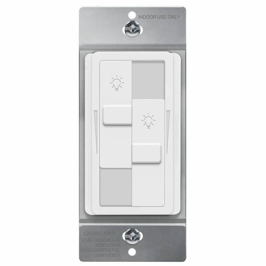 TOPGREENER TGDDS-W Dual Load Dimmer Switch for LED/CFL, No Neutral Wire Required, Single Pole 120V, 200W Capacity, Full Range Dimming, White