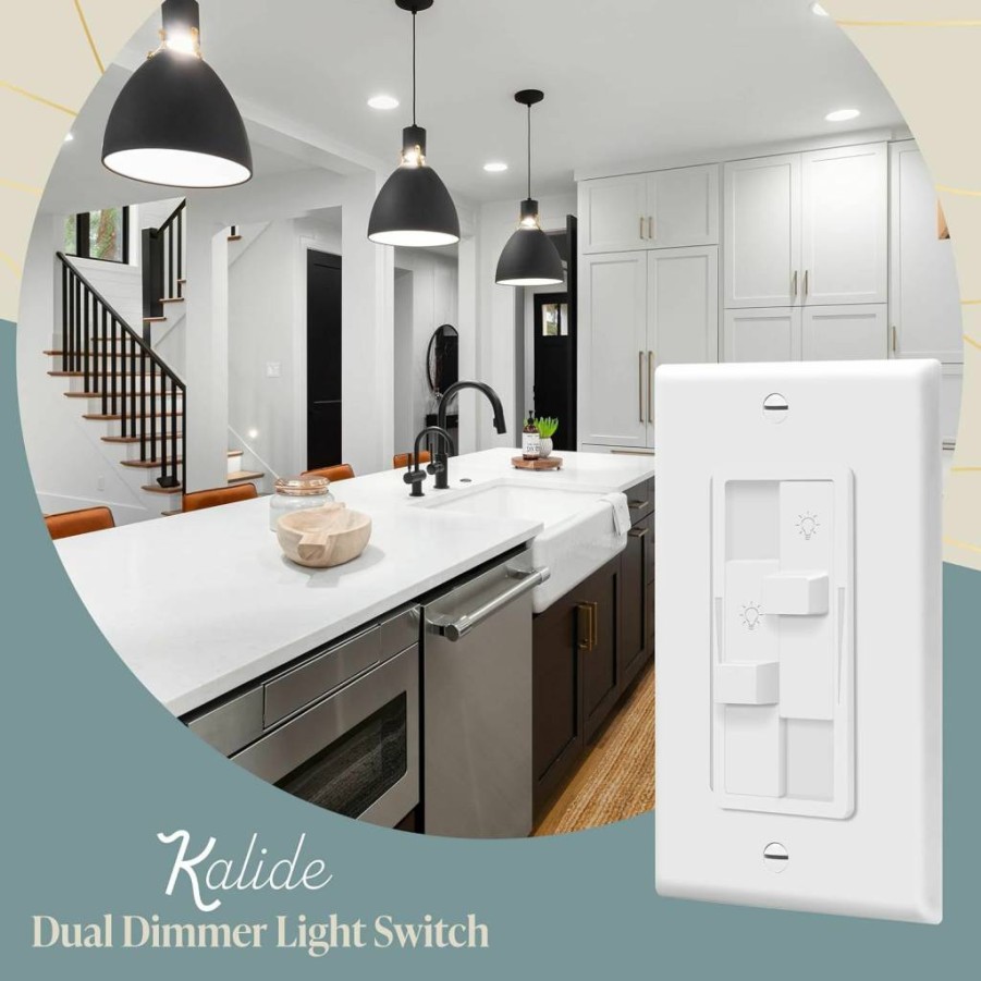 TOPGREENER TGDDS-W Dual Load Dimmer Switch for LED/CFL, No Neutral Wire Required, Single Pole 120V, 200W Capacity, Full Range Dimming, White