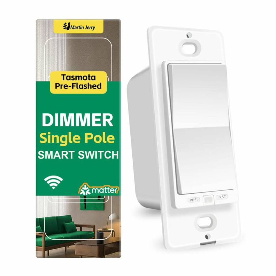 Martin Jerry Smart Dimmer Switch with HomeKit & Matter Support, Tasmota Pre-Installed on ESP32, Single Pole White Light Switch (1-Pack)