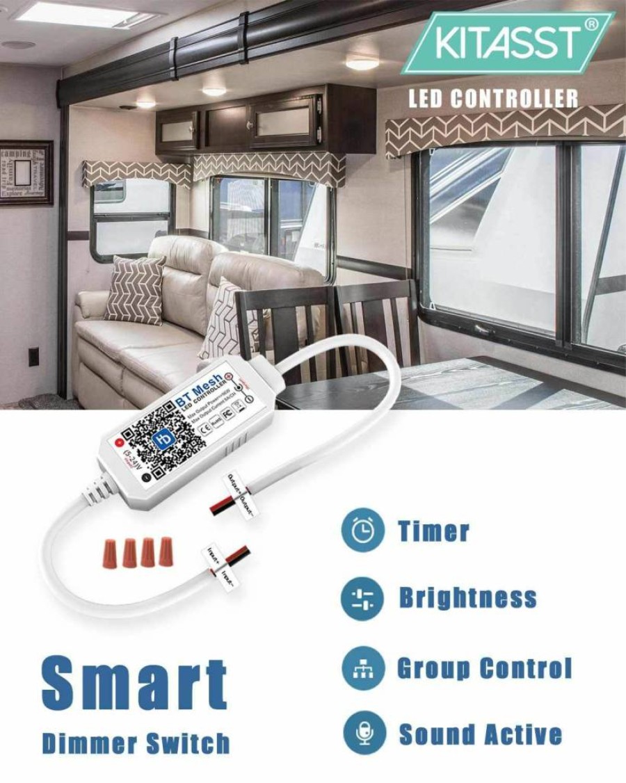 KITASST 12V LED Dimmer Switch for RV, Auto, Truck, Camper - Smart DC PWM Controller for Puck, Strip, Halogen & Incandescent Lighting