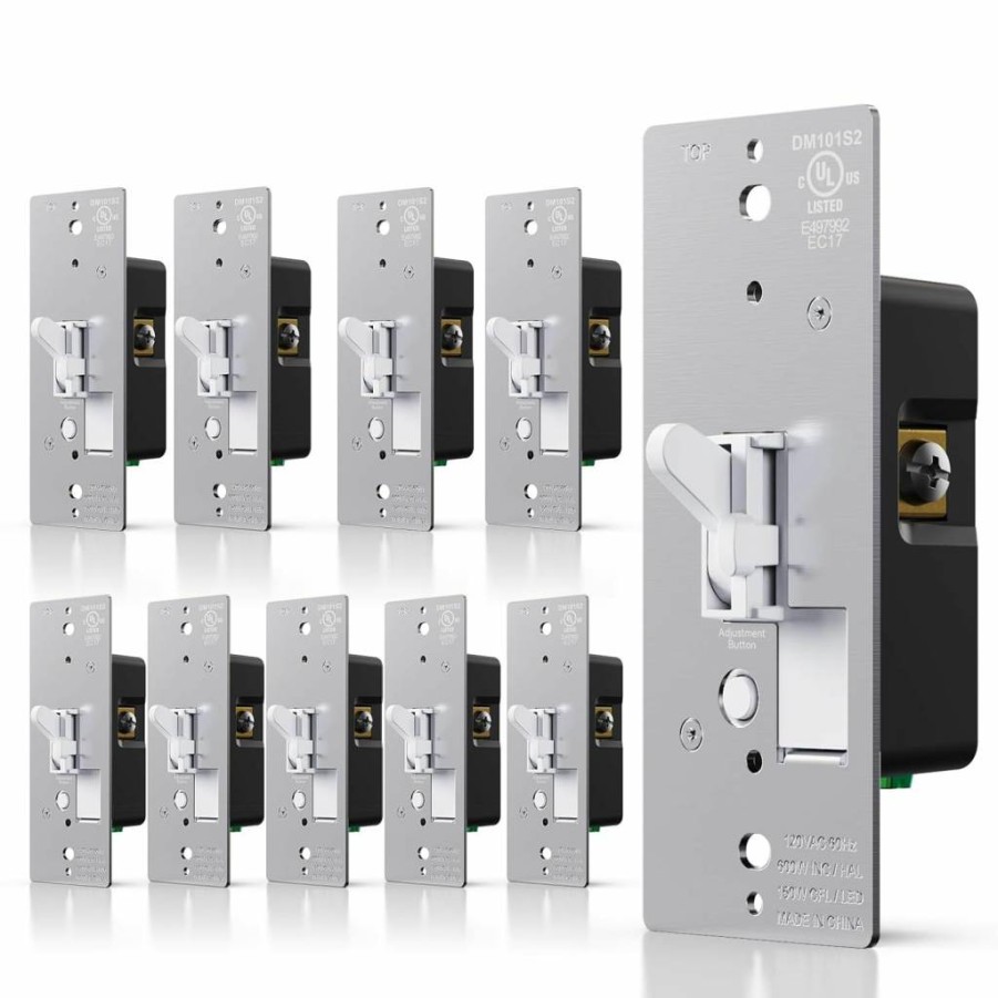 AIDA 4-Pack Toggle Slide Dimmer Switch for LED/CFL/Incandescent Lights, 600W Max, Single-Pole/3-Way Rocker Wall Switch with Slider, UL Listed (Wall Plate Not Included)