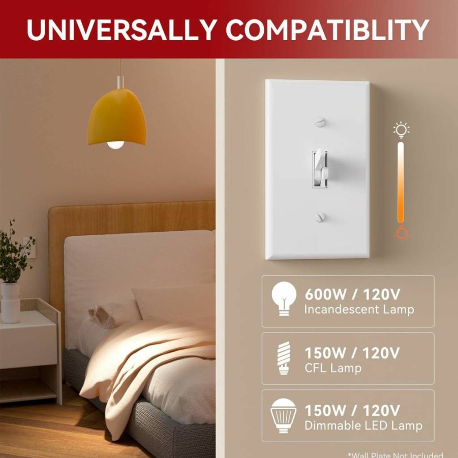 AIDA 4-Pack Toggle Slide Dimmer Switch for LED/CFL/Incandescent Lights, 600W Max, Single-Pole/3-Way Rocker Wall Switch with Slider, UL Listed (Wall Plate Not Included)