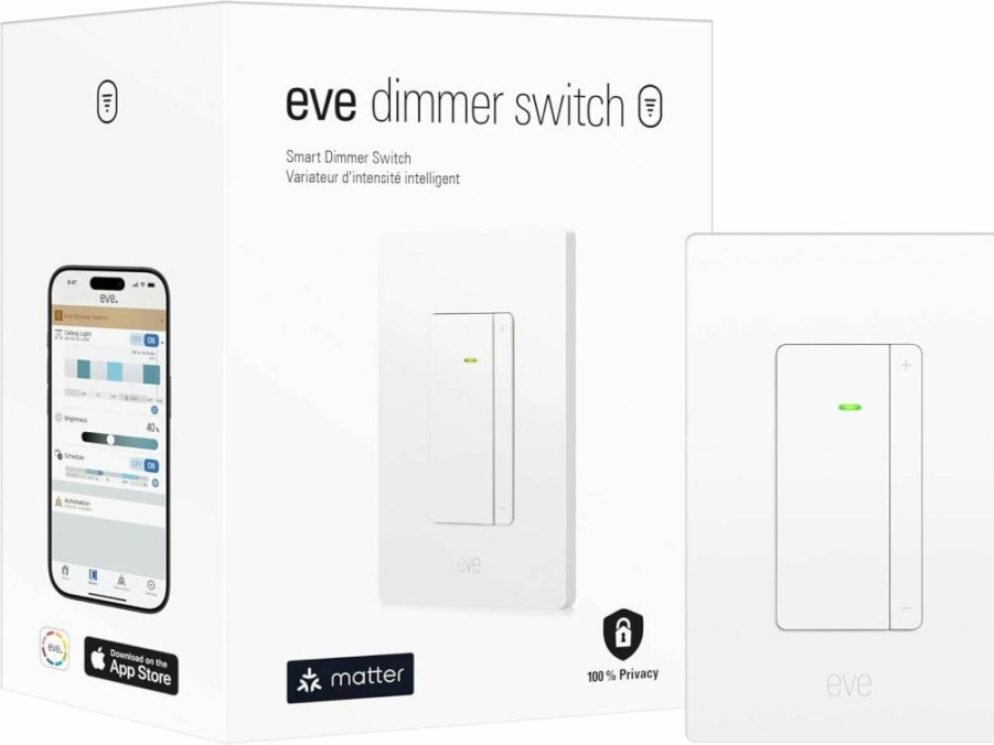 Eve Smart Dimmer Switch (Matter) - Compatible with Apple Home, Alexa, Google Home & SmartThings, Single-Pole & 3-Way Installation, Thread Support, UL Certified, Requires Thread Border Router & Neutral Wire