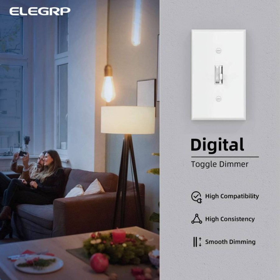ELEGRP 2-Pack Black Digital Toggle Dimmer Switch for Dimmable LED, CFL, Incandescent Bulbs, Single Pole/3-Way, UL Listed with Wall Plate