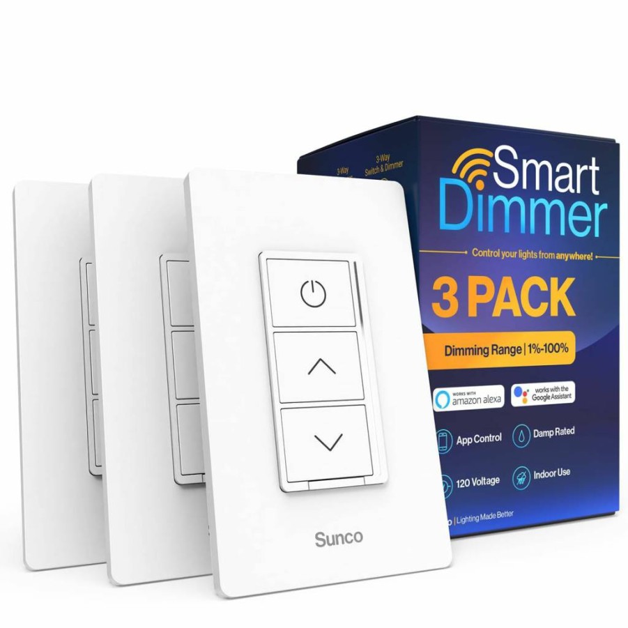 Sunco Lighting 3 Pack Smart Dimmer Switch with Double Rocker, WiFi Compatible with Tuya, Smart Life, Alexa & Google Assistant, 120V Wall Light Switch
