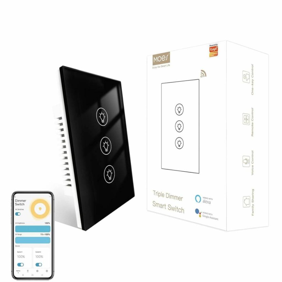 MOES WiFi Smart Dimmer Switch Dual Control for LED Lights, Neutral Wire Required, Single Pole, 300W Incandescent & 75W LED/CFL, Compatible with Smart Life/Tuya App, Remote Voice Control
