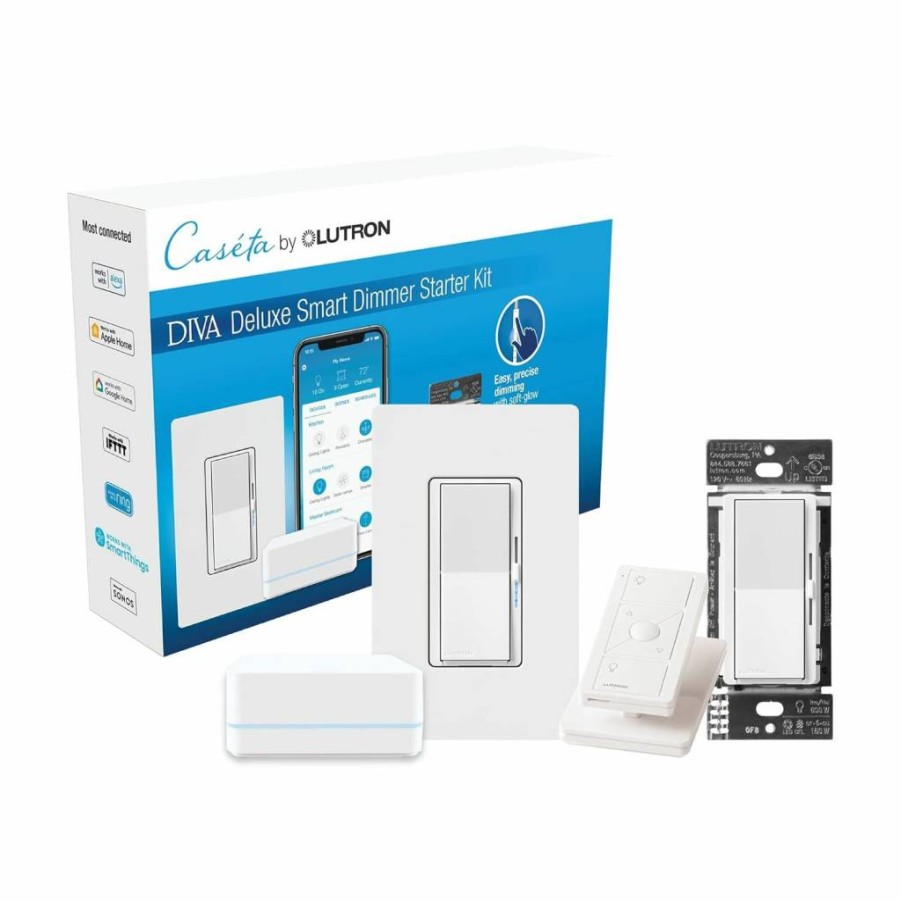 Lutron Caseta Diva Smart Dimmer Switch Kit with Hub, Pico Remote, Pedestal – No Neutral Required, 3-Way, 150W, Compatible with Apple Home, Ring, Google Home (DVFR-BDG-1DP-A)