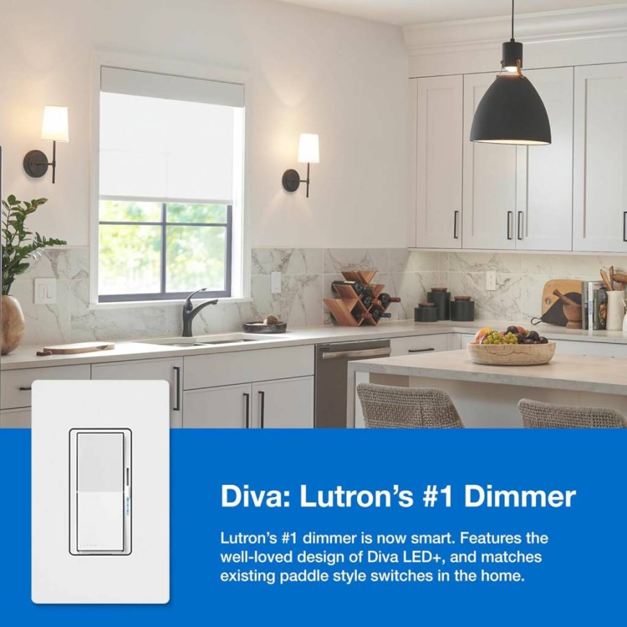 Lutron Caseta Diva Smart Dimmer Switch Kit with Hub, Pico Remote, Pedestal – No Neutral Required, 3-Way, 150W, Compatible with Apple Home, Ring, Google Home (DVFR-BDG-1DP-A)