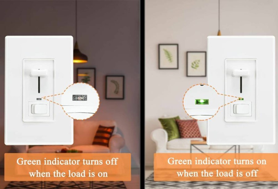 CLOUDY BAY In-Wall Dimmer Switch with Green LED Indicator, Compatible with LED/CFL/Incandescent Lights, Single Pole & 3-Way, 600W Max, Includes Cover Plate, White, UL Listed
