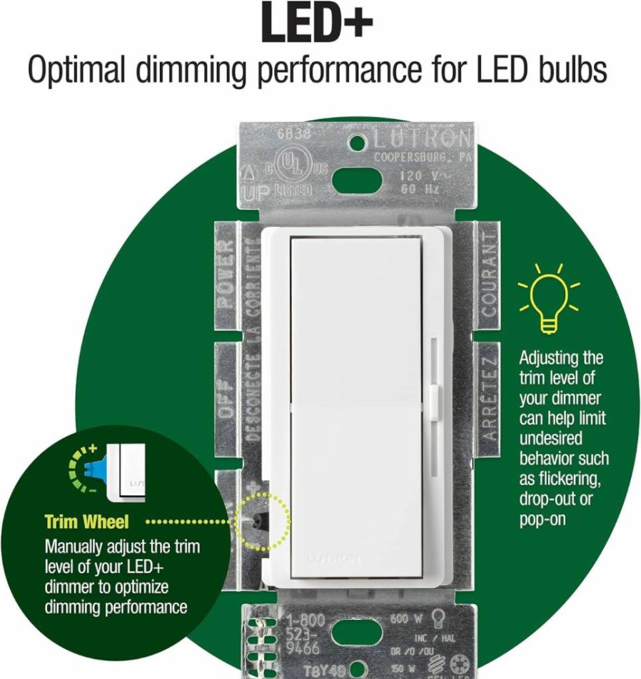 Lutron Diva DVCL-153P-WH 3-Pack LED+ Dimmer Switch for Dimmable Lights, 150W, Single-Pole/3-Way, White