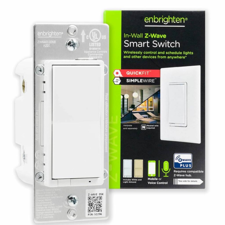Enbrighten 46199 QuickFit Smart Add-On Switch, Z-Wave Zigbee Compatible In-Wall Rocker Paddle, White & Light Almond, Wireless Lighting Control