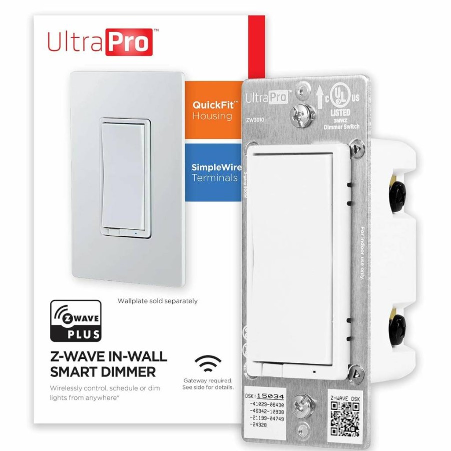 UltraPro Z-Wave Smart Dimmer Switch with QuickFit, 3-Way Compatible, Works with Alexa & Google Assistant, Z-Wave Hub Required, White Paddle, Model 39351