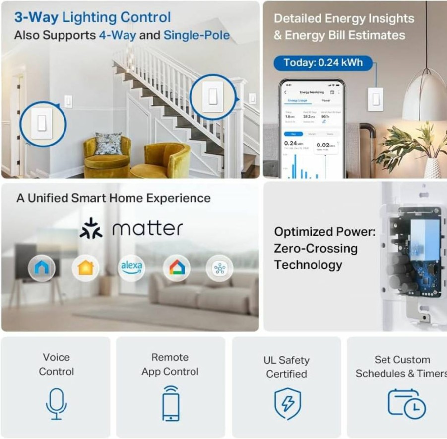 Tapo S515 Smart Light Switch with Matter Support, Energy Monitoring, Works with Alexa, Google Home & Siri, 2.4GHz Wi-Fi, UL Certified, Neutral Wire Required