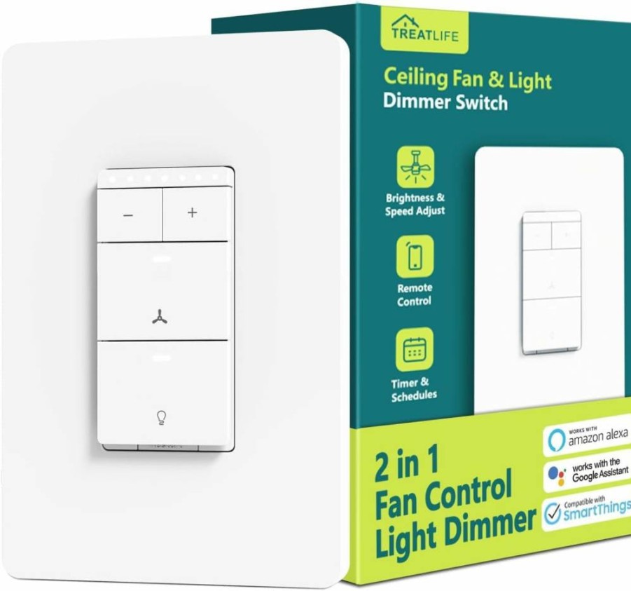 TREATLIFE Smart Ceiling Fan and Light Dimmer Switch, WiFi 2.4GHz, Neutral Wire Required, Compatible with Alexa, Google Home & SmartThings, Remote Control, Single Pole