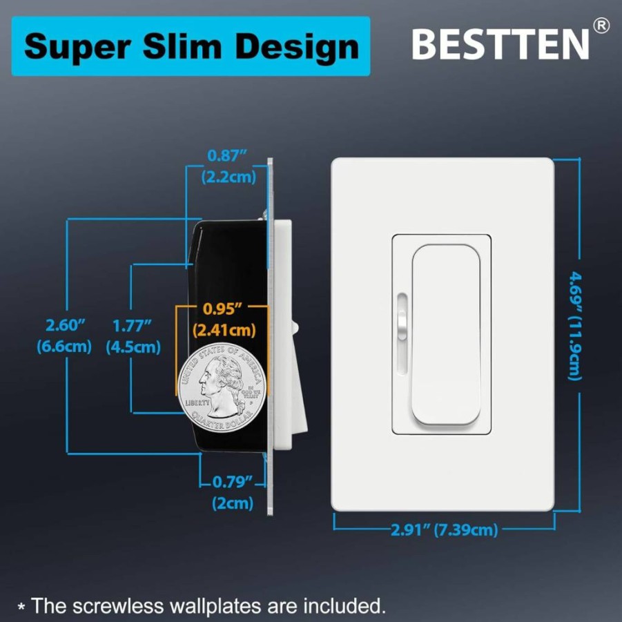 BESTTEN 3-Pack Super Slim Smart Dimmer Switch for LED, CFL, Incandescent - Single Pole/3-Way, Quiet Rocker, ETL Listed, White