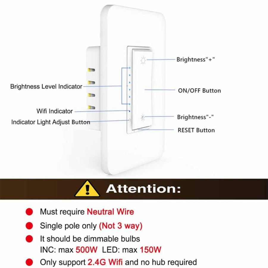 Lesim 2-Gang Smart Wi-Fi Dimmer Switch, Works with Alexa & Google Assistant, Single Pole, Neutral Wire Required, Voice & App Control
