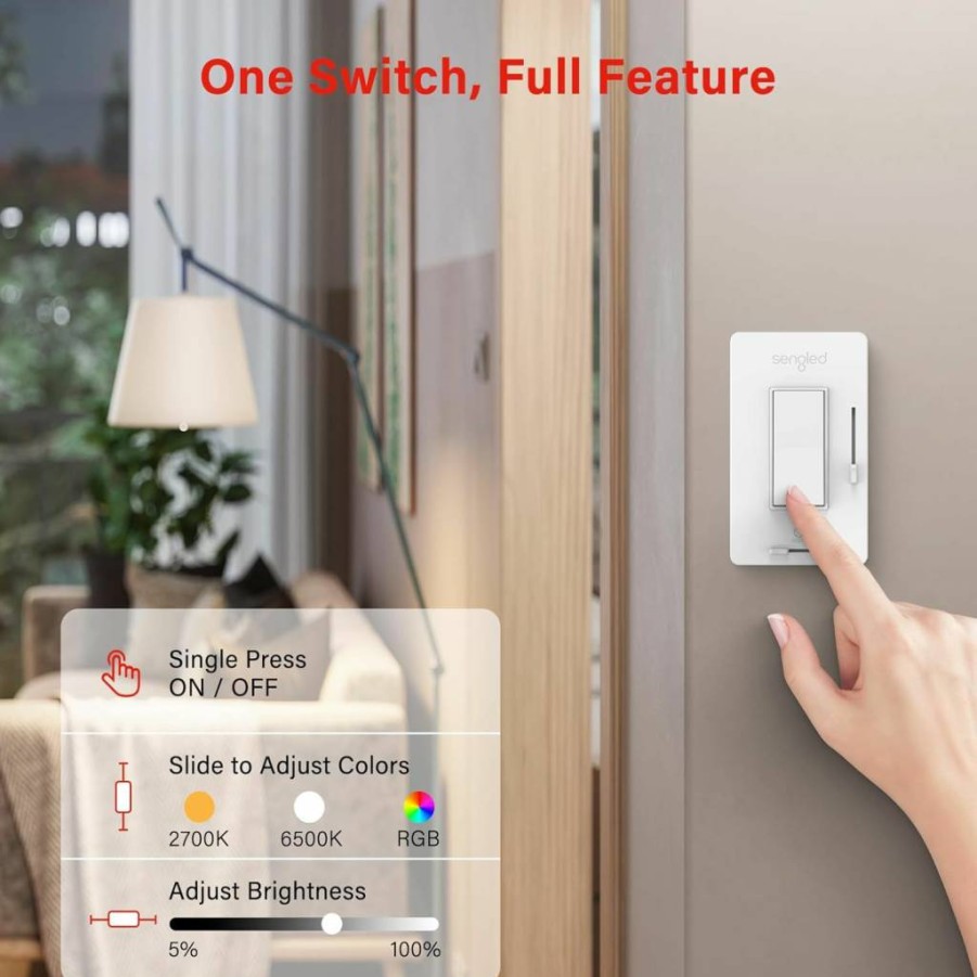 Sengled Smart Dimmer Switch for Dual Mode Bulbs - Adjustable Color Temperature & Brightness, No Hub Required, White (1 Pack)