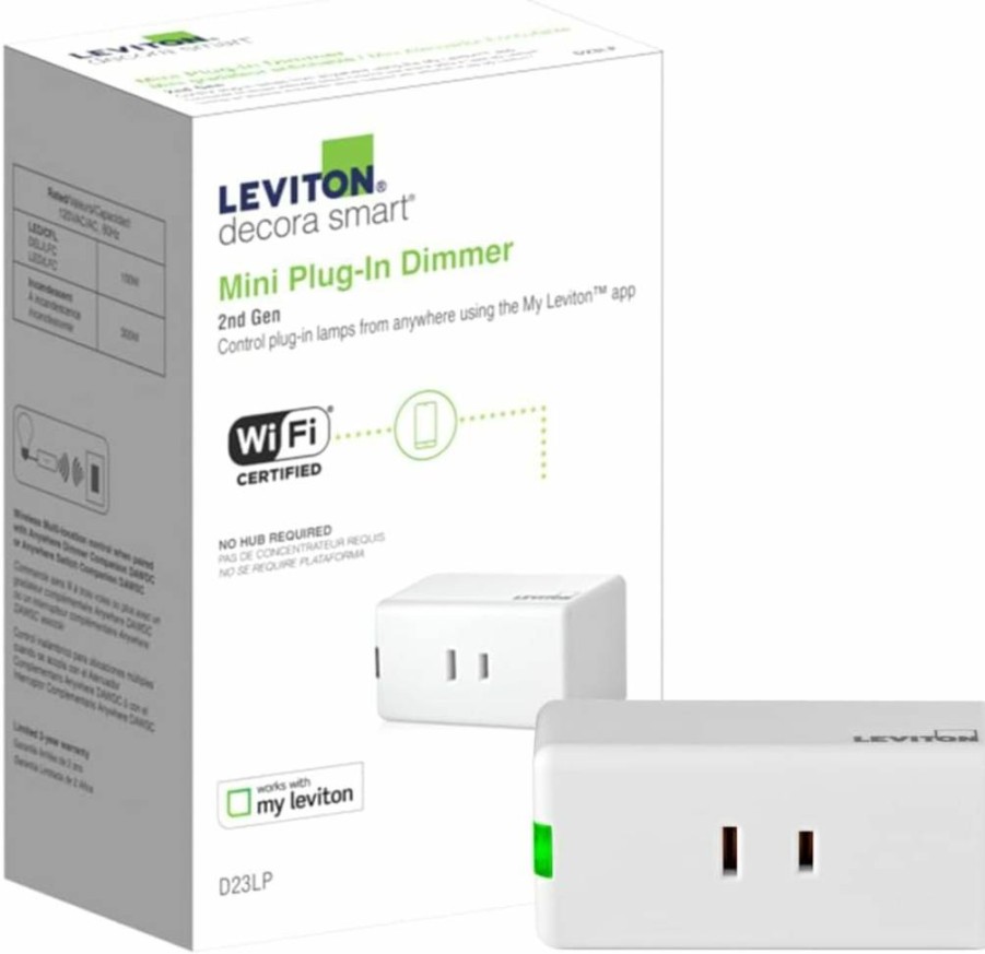 Leviton Decora Smart Wi-Fi Dimmer Plug 2nd Gen with Matter Support, Compatible with Alexa, Google Assistant, Apple HomeKit & My Leviton App, White (D23LP-2RW)