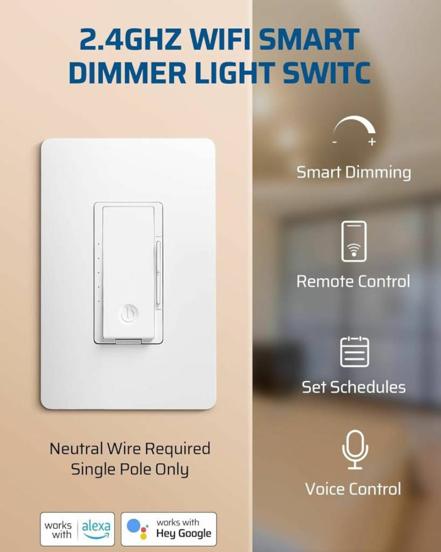 DEWENWILS Smart Wi-Fi Dimmer Switch, 2.4GHz Compatible with Alexa & Google Home, No Neutral Wire Required, Works with LED/CFL/Incandescent Bulbs, ETL Certified, Screwless Wall Plate Included