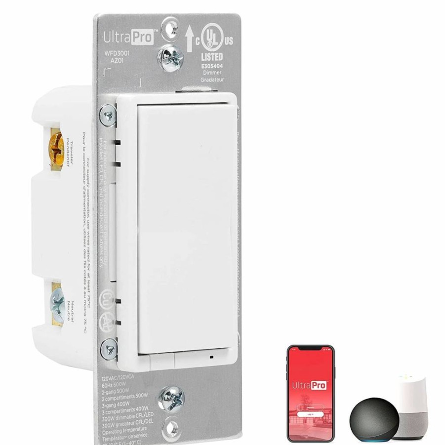 UltraPro Wi-Fi Smart Dimmer 4 Pack, 2.4GHz, Works with Alexa & Google Assistant, No Hub Required, 3-Way Dimmer, QuickFit & SimpleWire, UL Certified, Neutral Wire Needed, White (Model 51442)