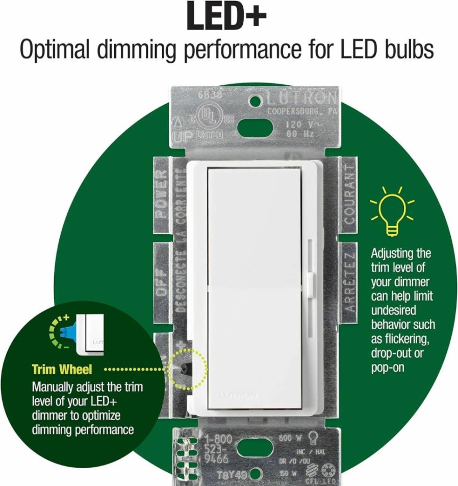 Lutron Diva DVCL-153P-WH 150W LED+ Dimmer Switch for Dimmable LED Halogen Incandescent Bulbs Single Pole or 3-Way White 6-Pack