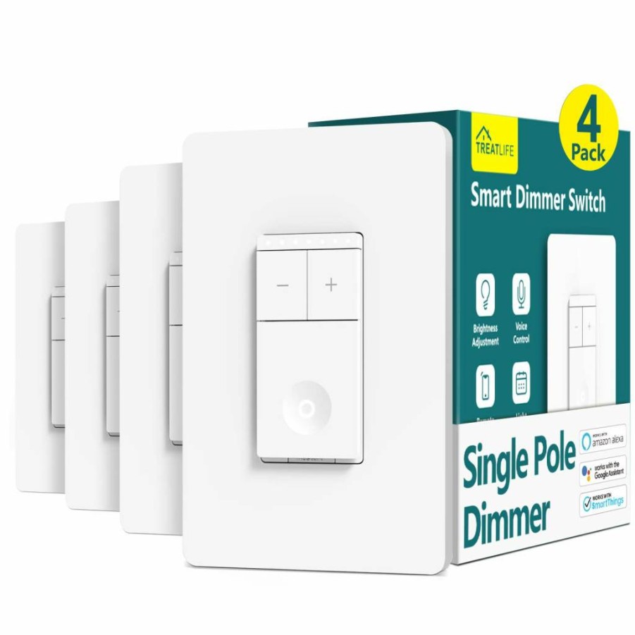 TREATLIFE 4 Pack Smart Dimmer Switch, Alexa & Google Assistant Compatible, Neutral Wire Required, 2.4GHz Wi-Fi, Scheduling, Remote Control, Single Pole, FCC Certified