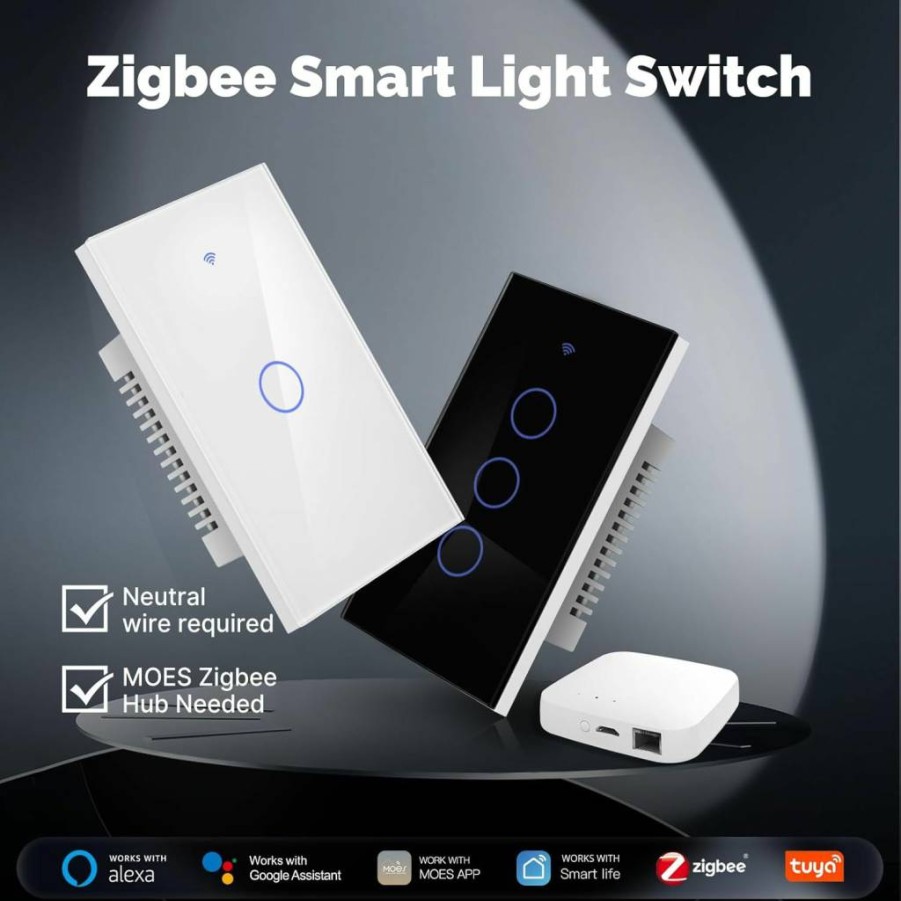 MOES Zigbee Smart Light Switch 2 Gang, Neutral Wire Required, Works with Tuya Smart Life App, Requires MOES Zigbee Hub, White Relay Switch for Home Automation