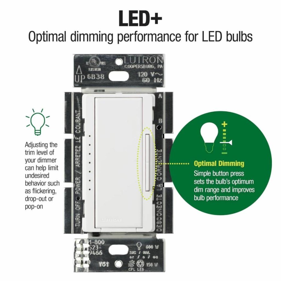 Lutron Maestro MACL-153M-WH LED Dimmer Switch for Dimmable Lights, 150W Single/Multi-Location, White (2-Pack) - Compatible with Halogen & Incandescent Bulbs