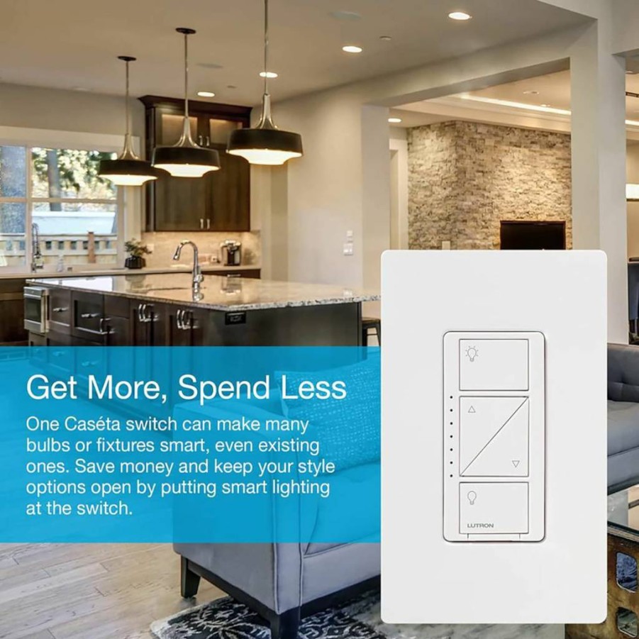 Lutron Caseta Wireless Smart Dimmer Switch Kit with Pico Remote for LED Lights, No Neutral Wire Needed, 3-Way Control, White | P-PKG1WB-WH