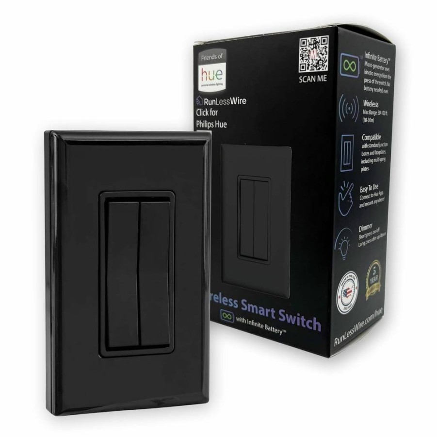 RunLessWire Philips Hue Wireless Smart Switch - Battery-Free Dimmer, Works with Hue Bulbs & Home Automation Hubs, Self-Powered, White