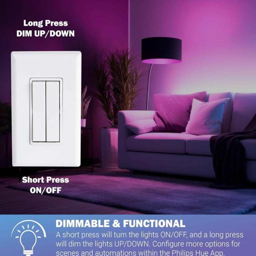 RunLessWire Philips Hue Wireless Smart Switch - Battery-Free Dimmer, Works with Hue Bulbs & Home Automation Hubs, Self-Powered, White