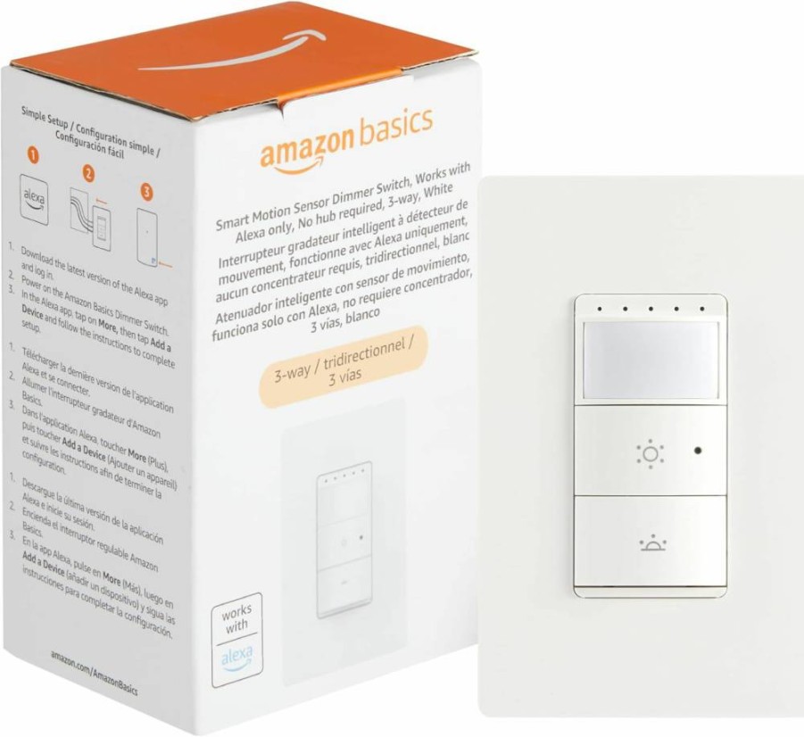 Amazon Basics Smart Dimmer Switch with Motion Sensor, 3-Way Compatible, Alexa Enabled, 2.4GHz Wi-Fi, No Hub Needed, White