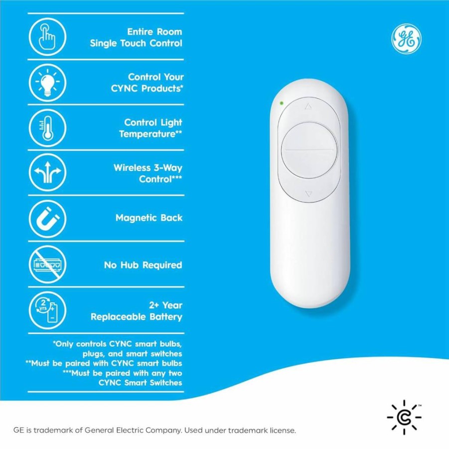 Cync Smart Bluetooth Remote Control - Wireless, Battery-Powered, White - Compatible with GE Lighting & Smart Devices