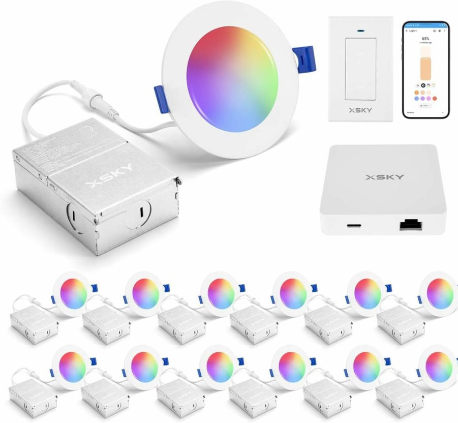 Xsky 12 Pack 4 Inch Smart Recessed Lights with RGBCW Color Changing, Zigbee 3.0 & Matter Support, Dimmable 10W Downlight, 2700K-6500K, Works with Alexa, Google Assistant, Siri, and Home Assistant